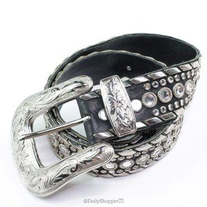 Kippys Women's Iconic Cowboy Black Leather Rhinestone Studded Silver Buckle Belt